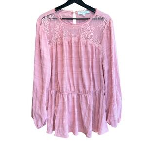Sweet Rain Pink Lace Top Blouse Womens 3X Balloon‎ Sleeve Peplum Hem Boho